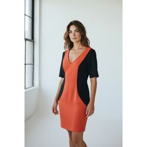Trina Turk Womens Orange Black Colorblock V-Neck Ponte Sheath Dress Size 6